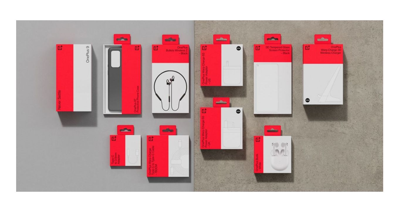 A collection of OnePlus packaging designs, highlighting red and white boxes for mobile devices on a clean background.