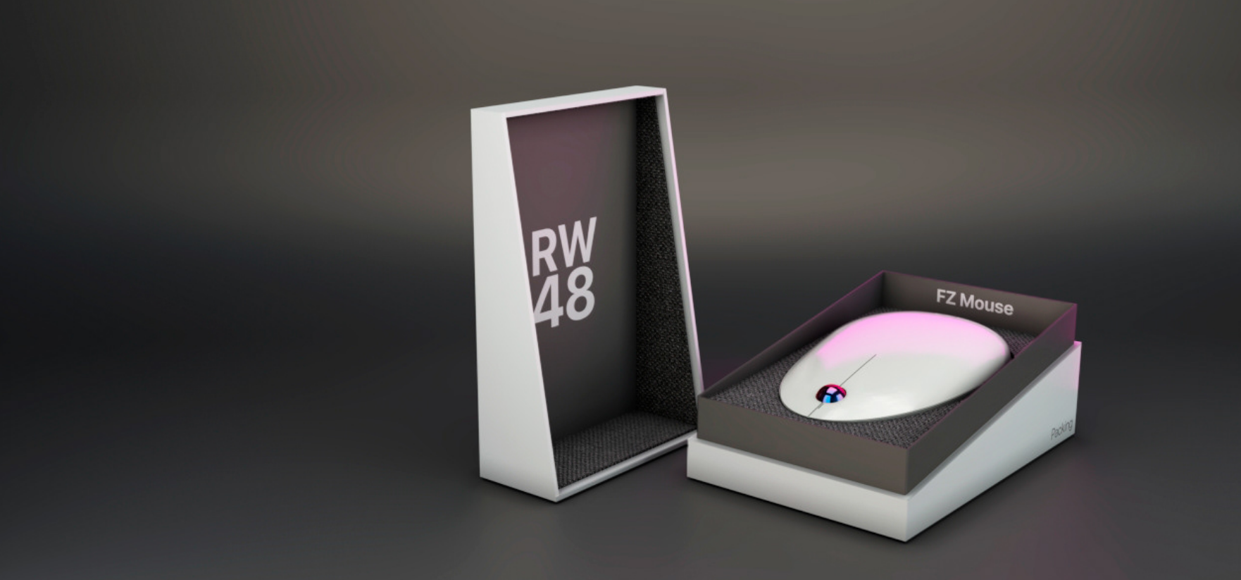 Unique packaging materials, embossed logos, matte finishes, protective foam inserts. White mouse in box with pink accent.